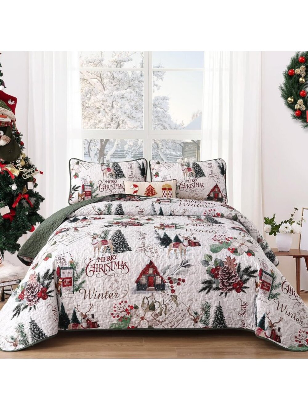 Cozy Christmas Quilt Set Queen - Festive Xmas Tree & Reindeer Bedding Decor